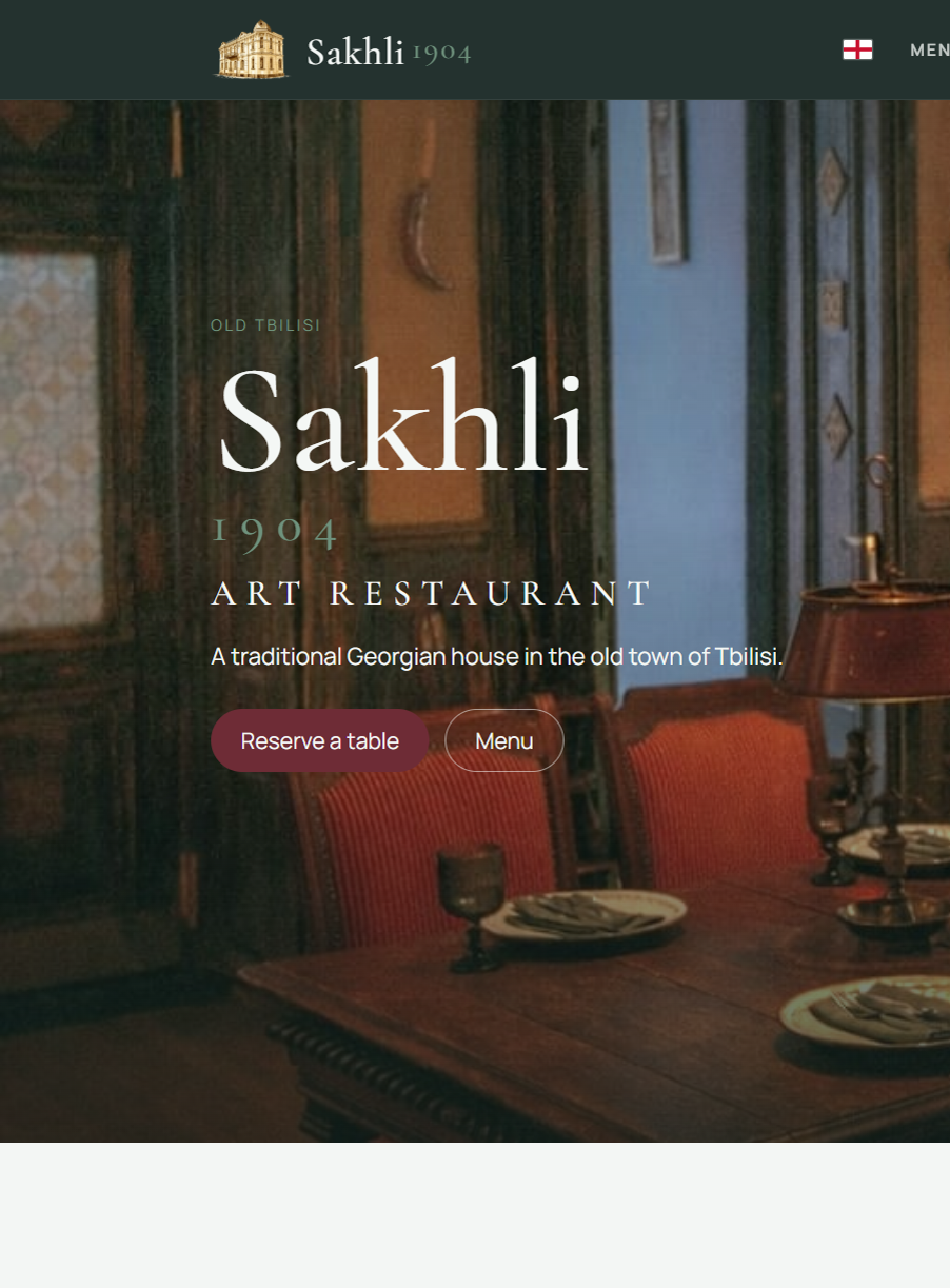 Website des Restaurants Sakhli 1904 mit Speiseraum und klarer Navigation